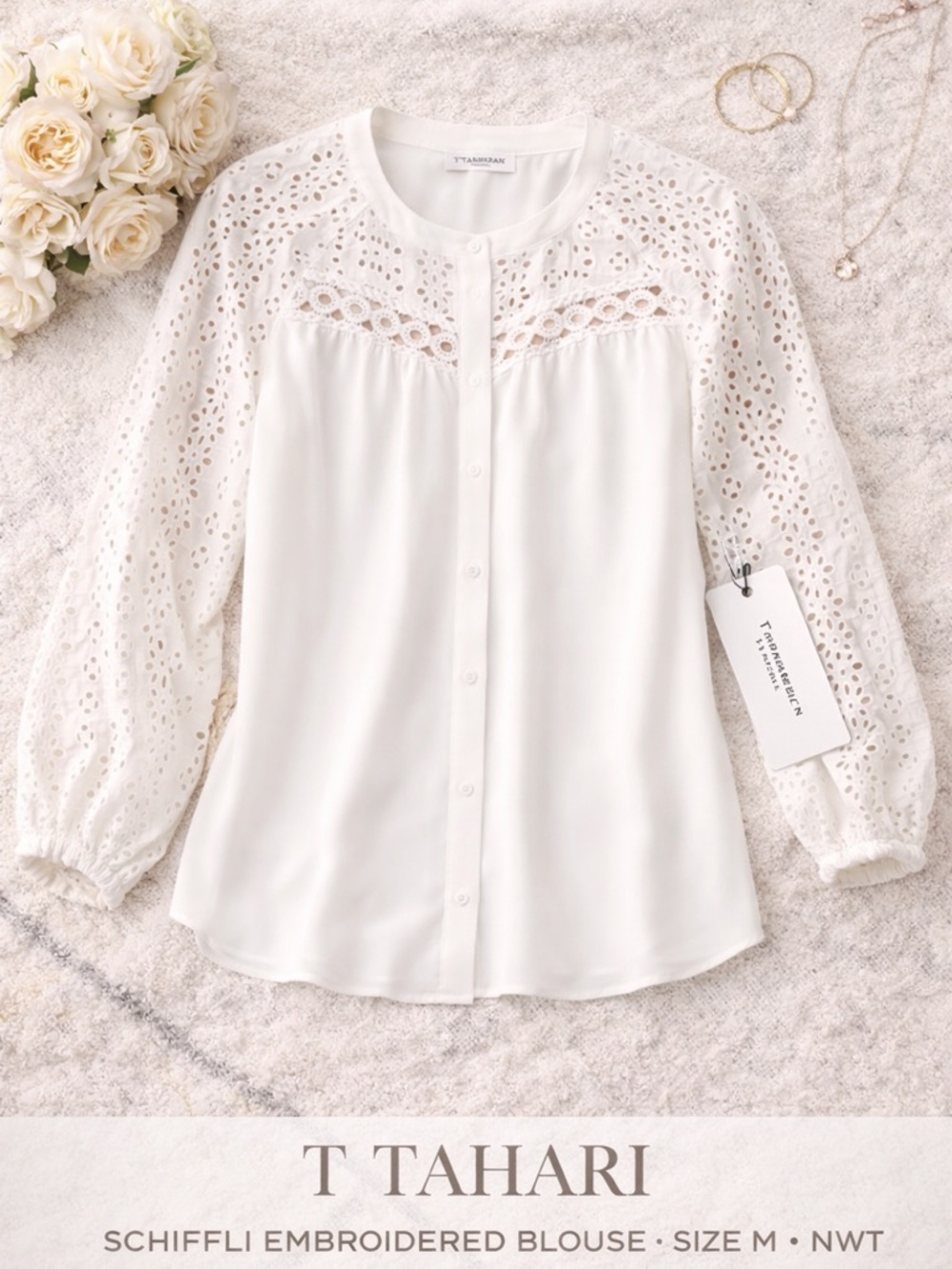 T Tahari White Eyelet Embroidered Blouse M NWT Button Front Romantic Boho Top